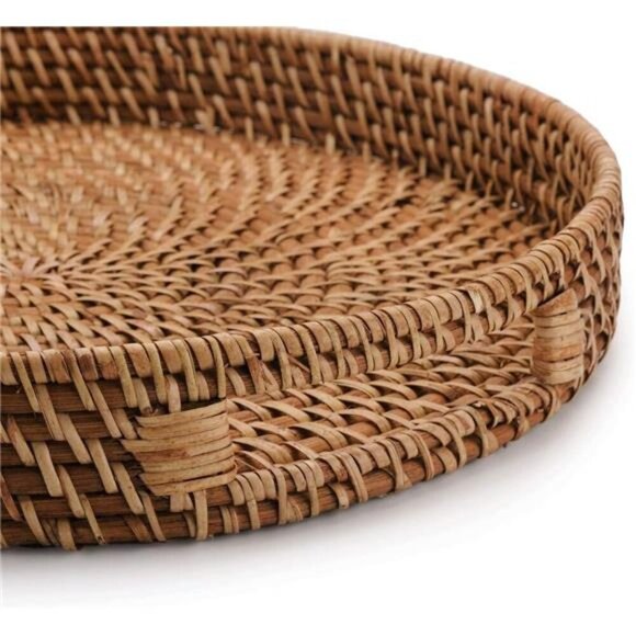 13.8 inch Rattan Tray, Round Wicker Tray with Cut-Out Handles,Woven Serving Tray - Picture 2 of 7
